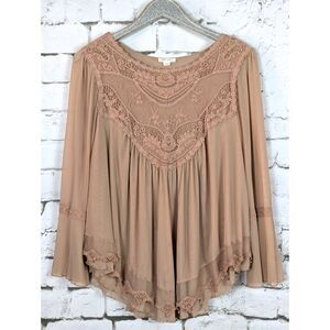 ULTRA PINK Lace Mesh Layered Tunic Bell Sleeve Boho Hippie Peasant Stretch Large